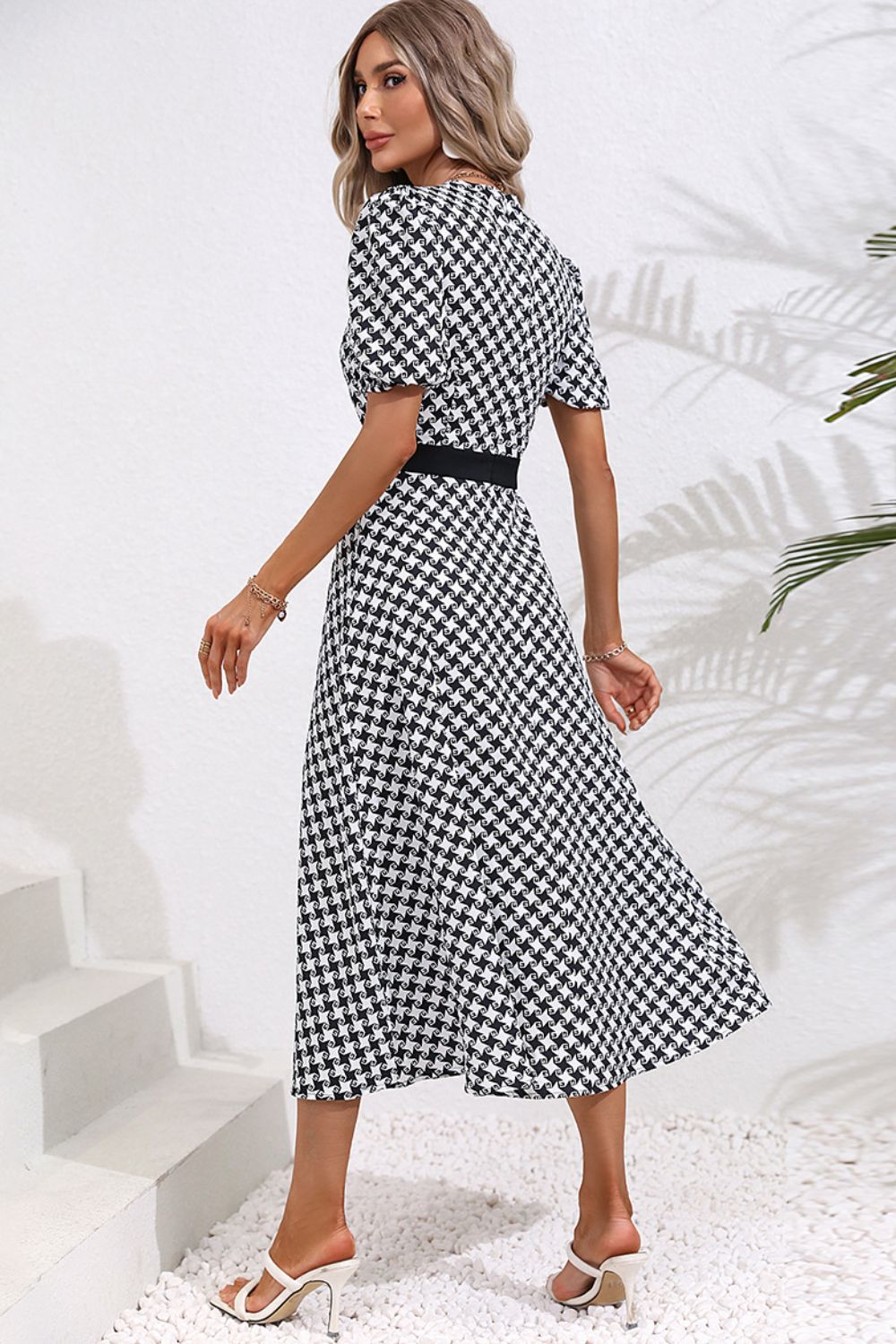 Printed Decorative Button V-Neck Slit Dress  Dresses- Doll Fits