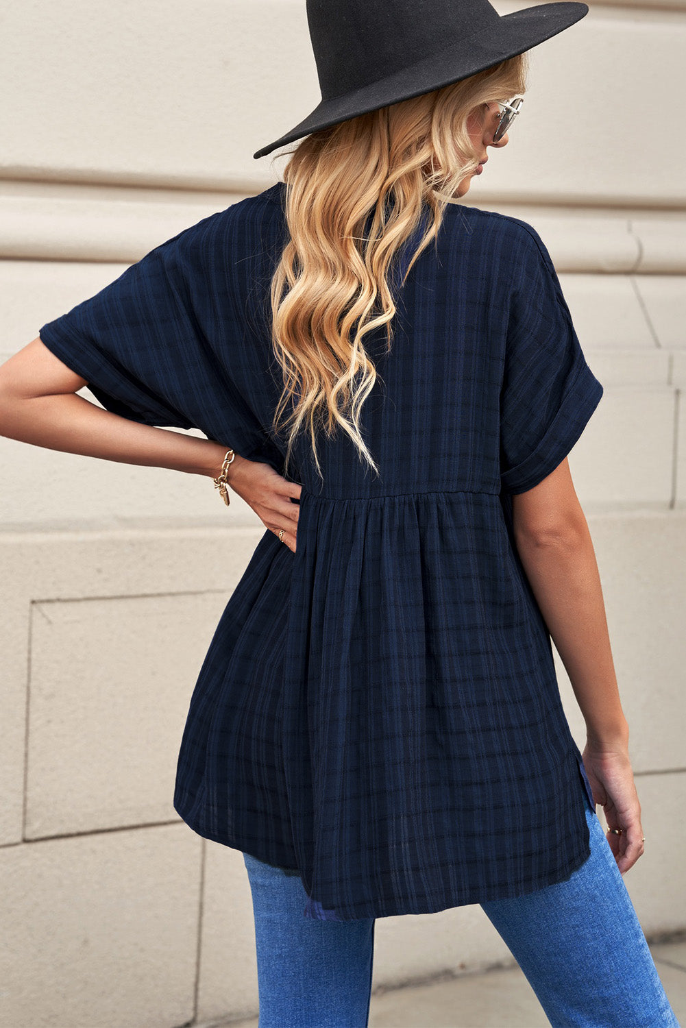 Notched Side Slit Cuffed Blouse  Shirts & Tops- Doll Fits