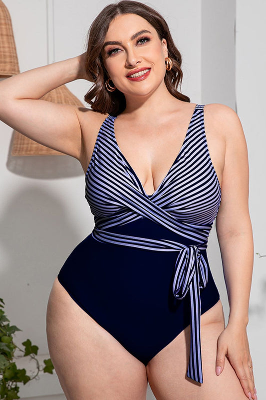 Plus Size Striped Tie-Waist One-Piece Swimsuit  Swimwear- Doll Fits