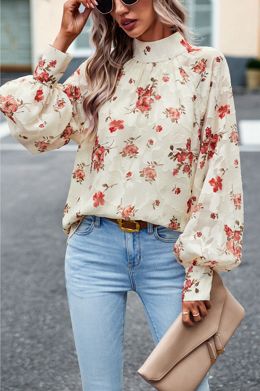 Floral Print Mock Neck Lantern Sleeve Blouse  - Doll Fits
