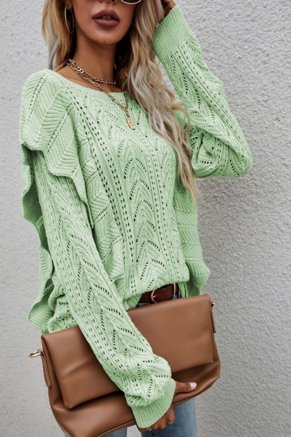 Openwork Round Neck Ruffled Sweater  Shirts & Tops- Doll Fits