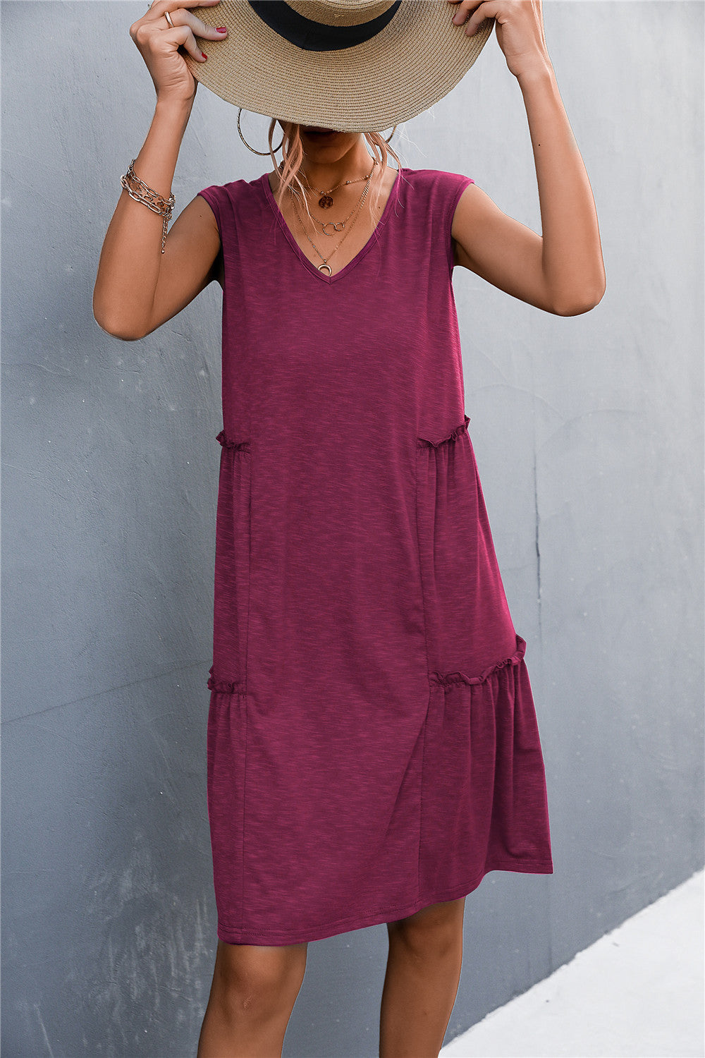 V-Neck Frill Trim Sleeveless Dress  Dresses- Doll Fits