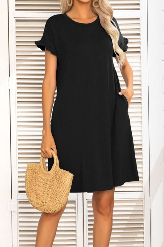 Flounce Sleeve Round Neck Dress with Pockets  Dresses- Doll Fits