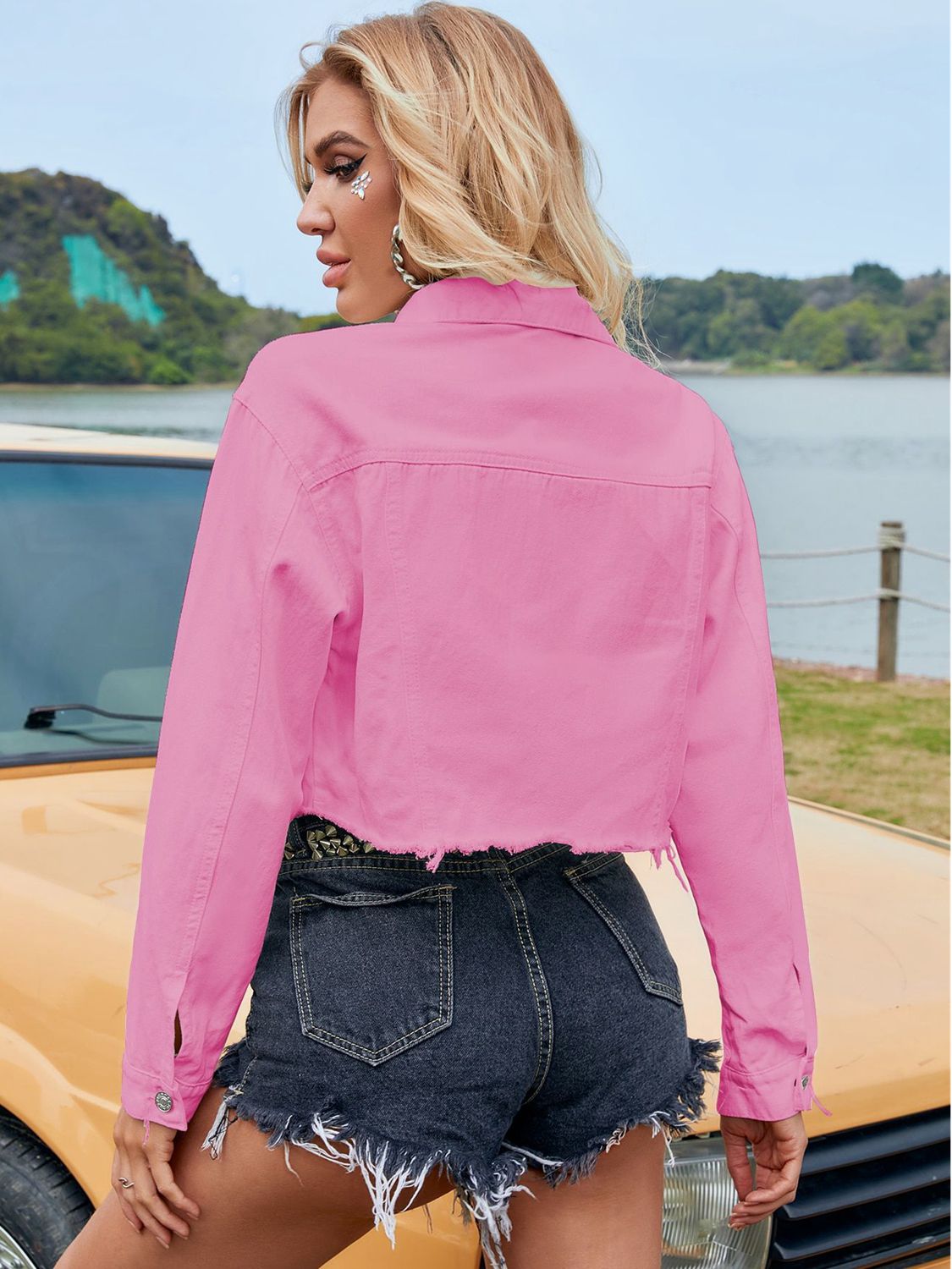 Cropped Collared Neck Raw Hem Denim Jacket  - Doll Fits