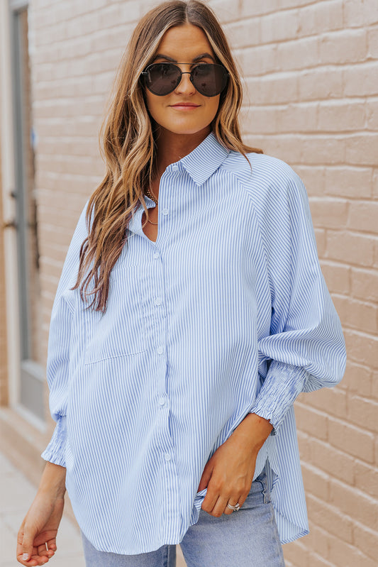 Striped Lantern Sleeve Collared Shirt  Shirts & Tops- Doll Fits