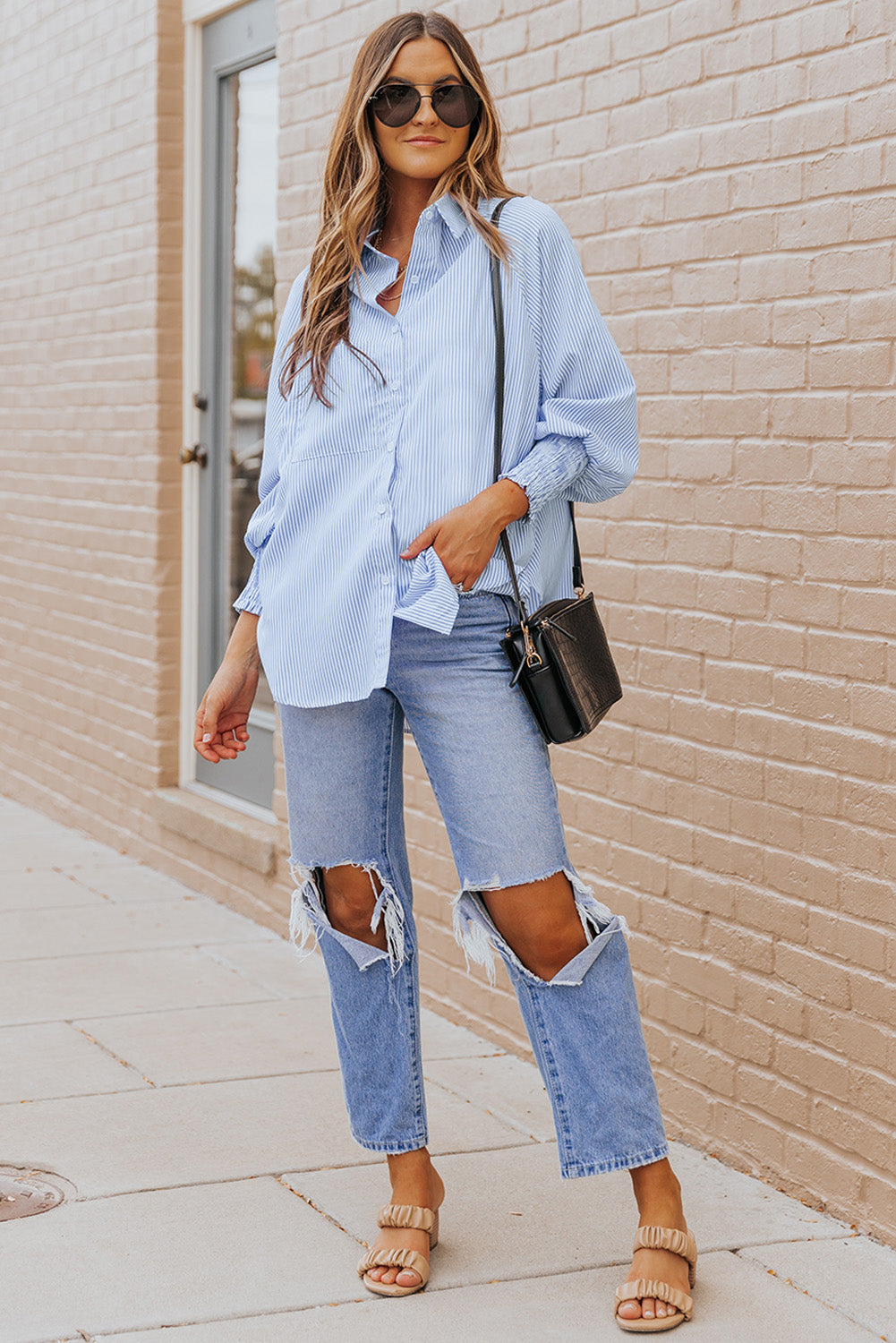 Striped Lantern Sleeve Collared Shirt  Shirts & Tops- Doll Fits