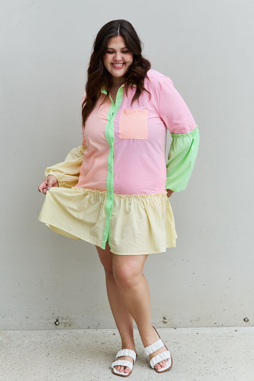 Davi & Dani Flying Colors Full Size Colorblock Long Sleeve Shirt Dress  Dresses- Doll Fits