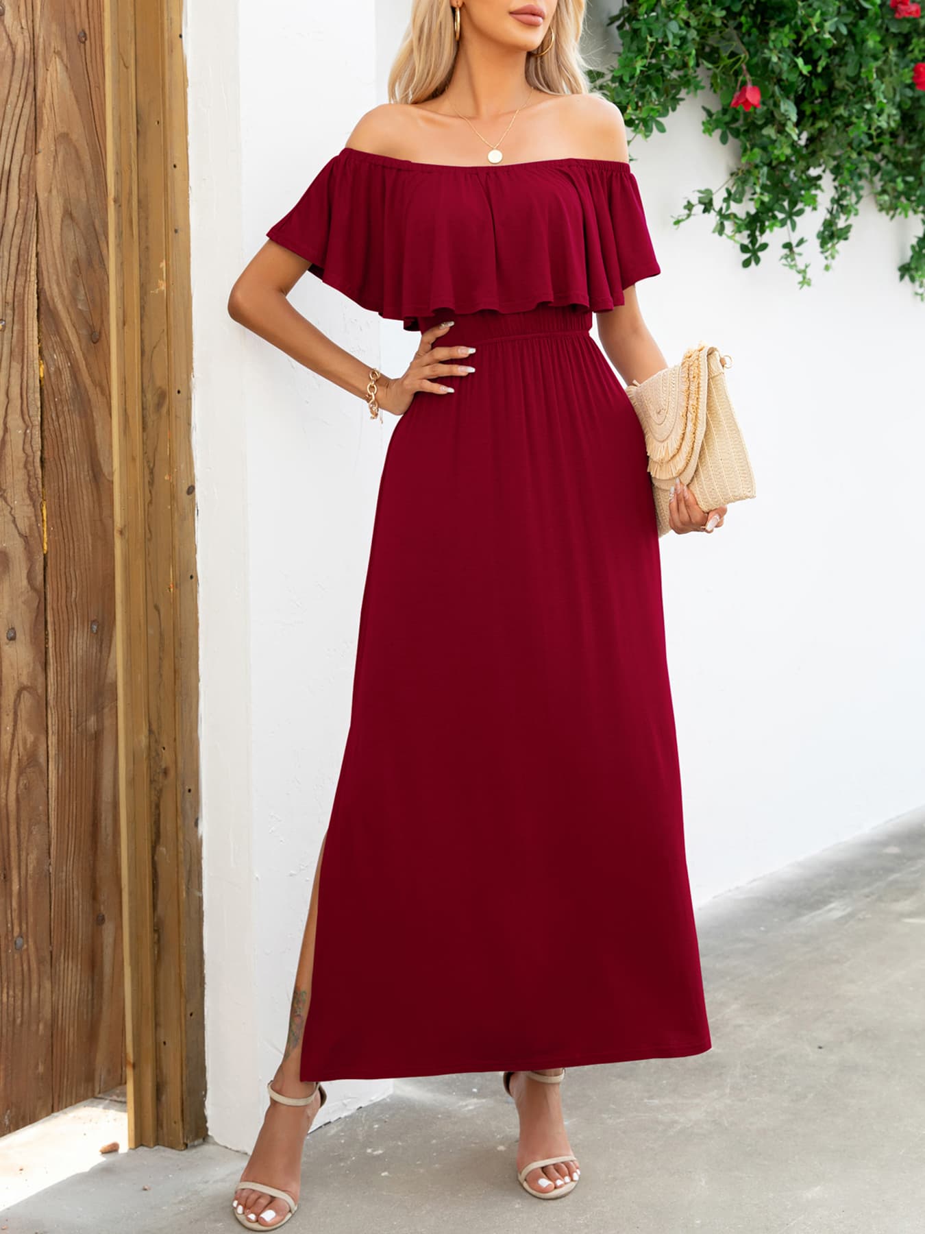 Off-Shoulder Slit Maxi Dress  Dresses- Doll Fits