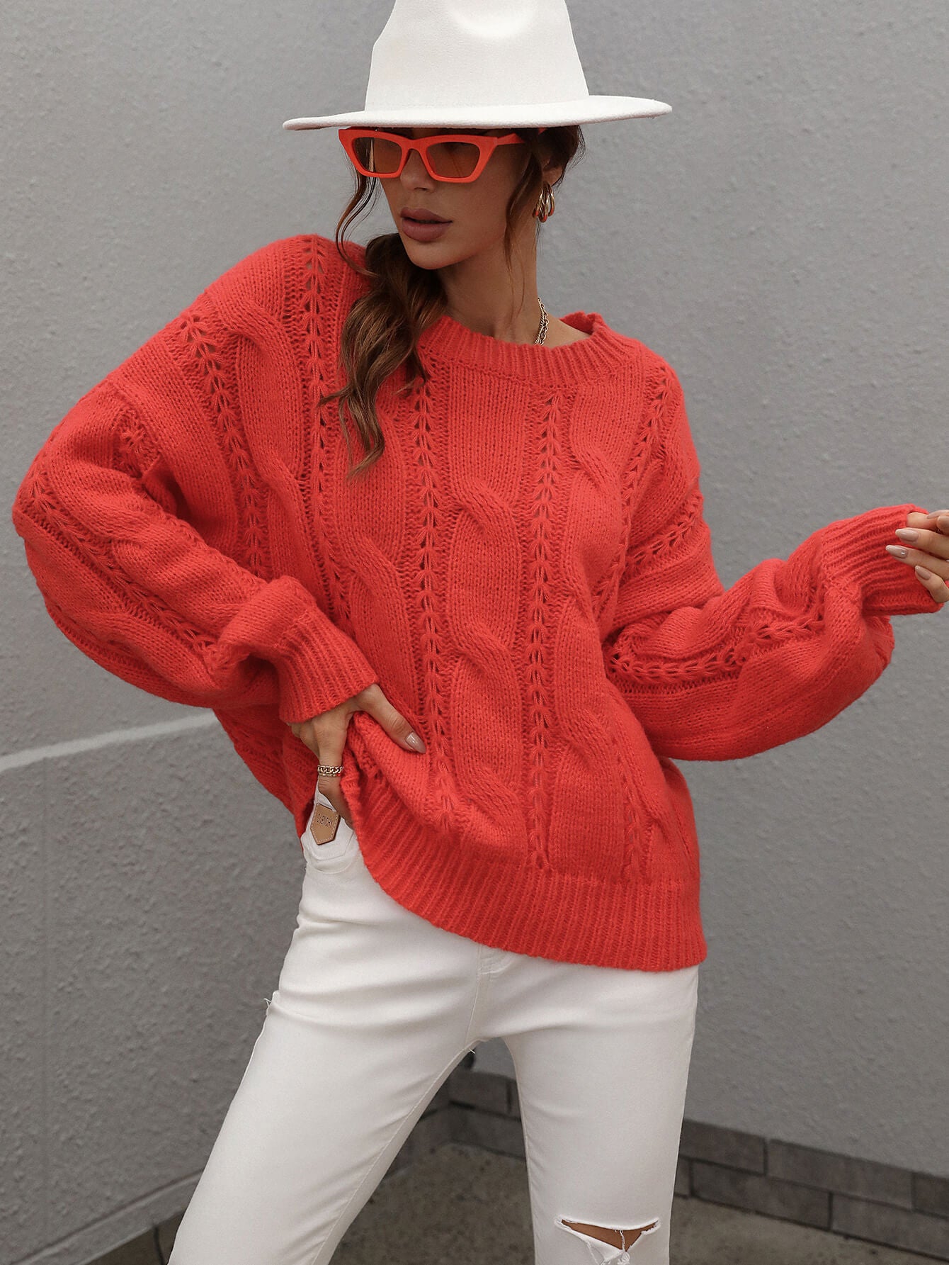 Cable-Knit Openwork Round Neck Sweater  Shirts & Tops- Doll Fits