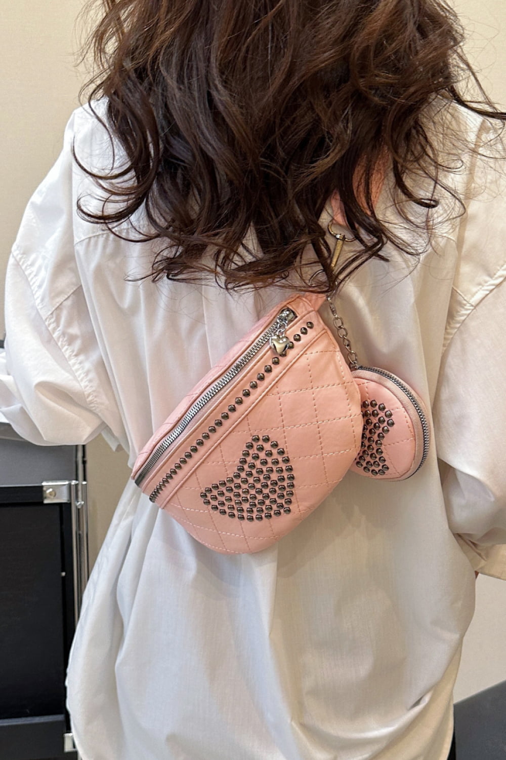 Studded PU Leather Sling Bag with Small Purse  - Doll Fits