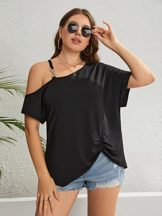 Plus Size Asymmetrical Neck Ruched Short Sleeve Blouse  Shirts & Tops- Doll Fits