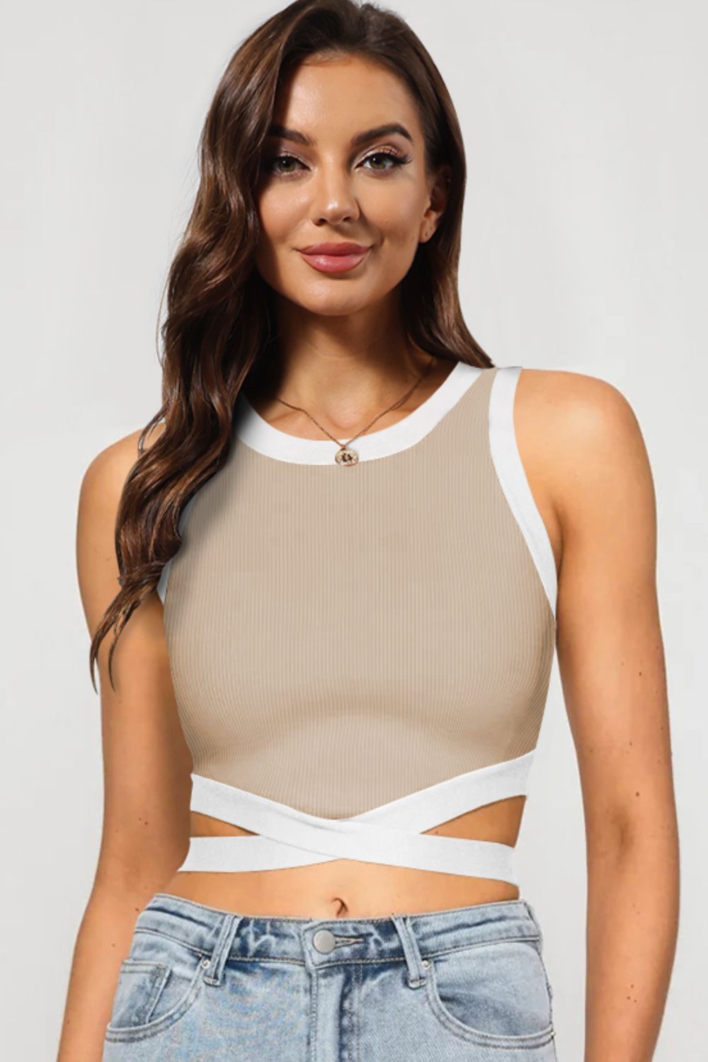 Contrast Tie Back Round Neck Tank  Shirts & Tops- Doll Fits