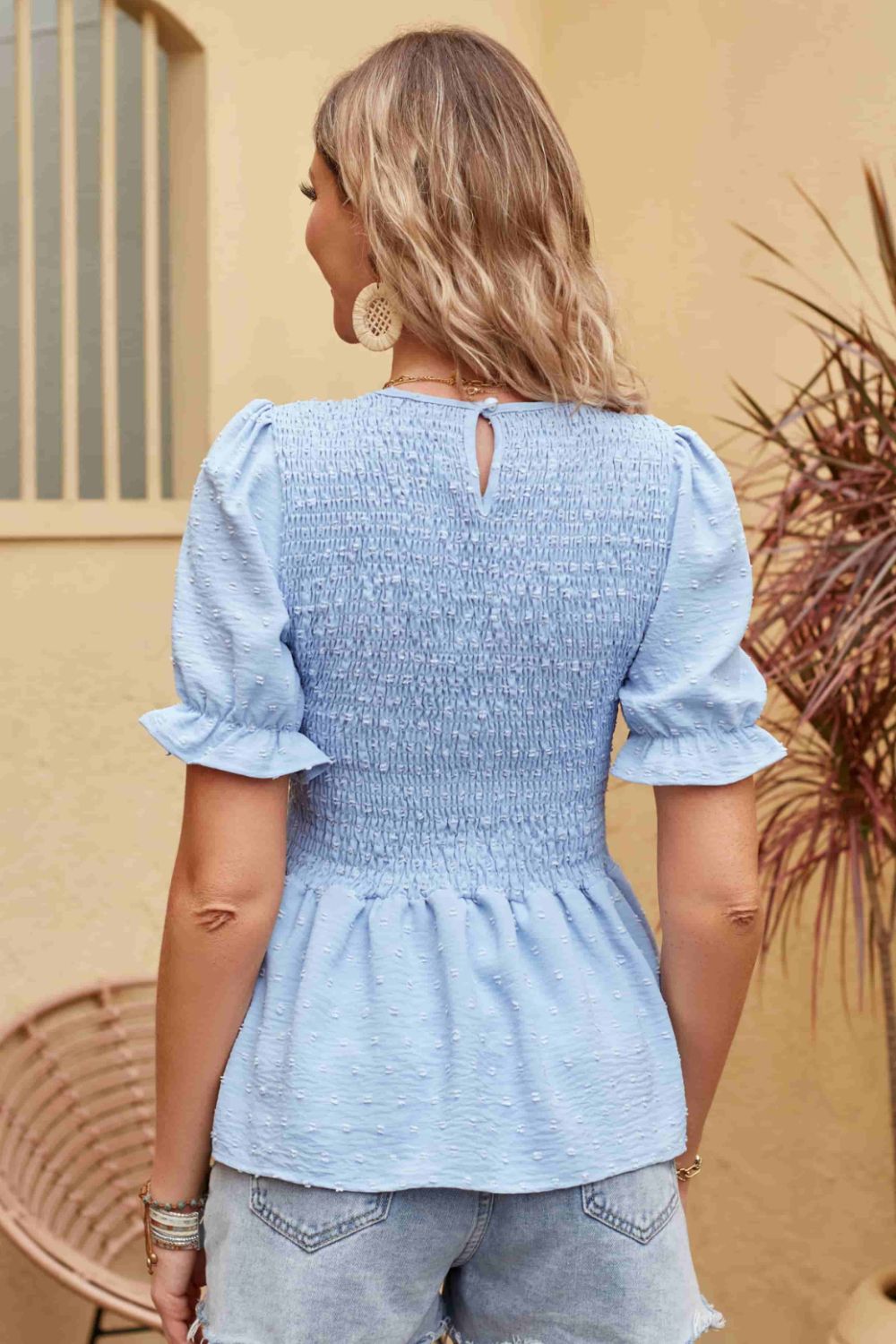 Swiss Dot Smocked Peplum Blouse  Shirts & Tops- Doll Fits