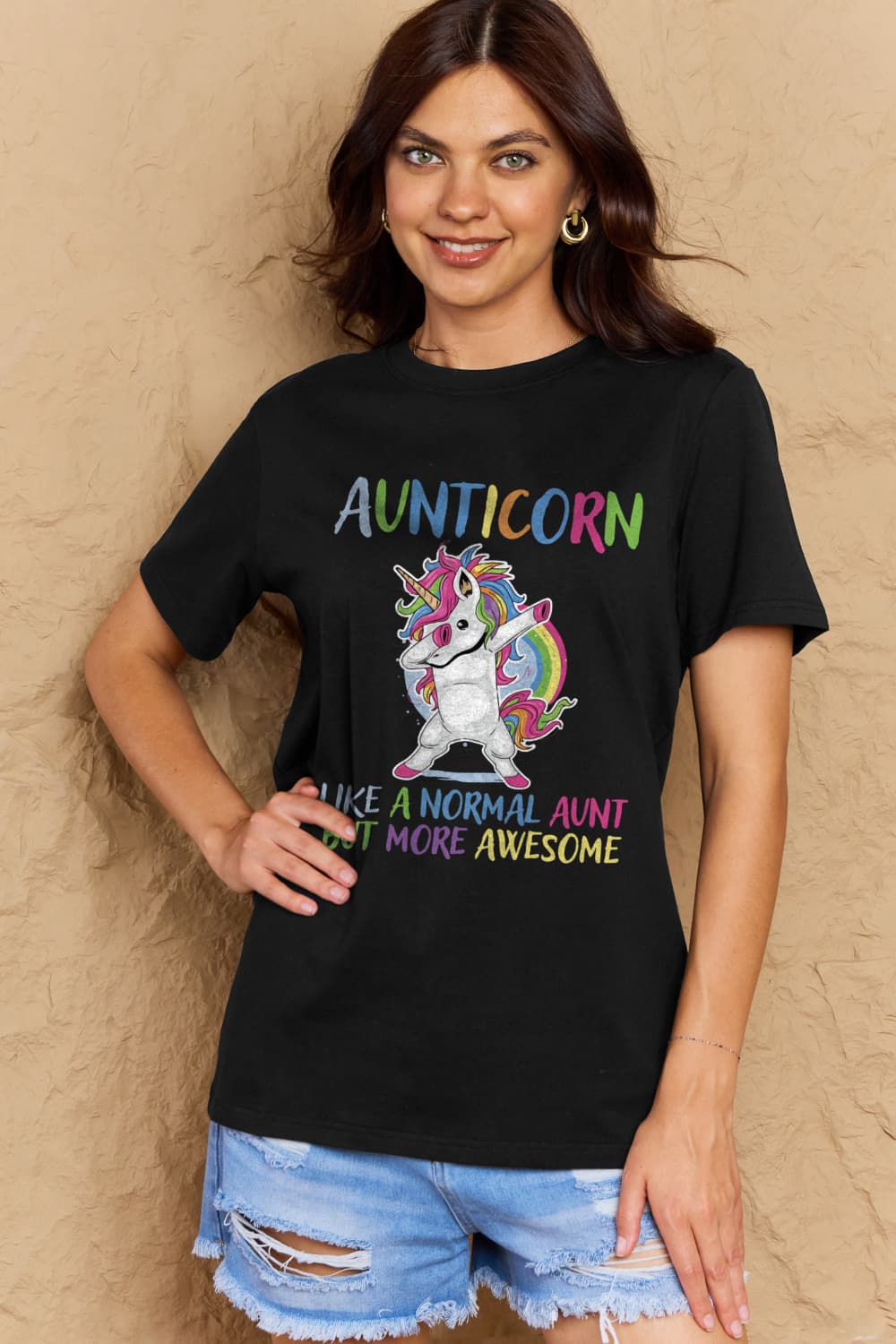 Simply Love Full Size AUNTICORN LIKE A NORMAL AUNT BUT MORE AWESOME Graphic Cotton Tee  - Doll Fits