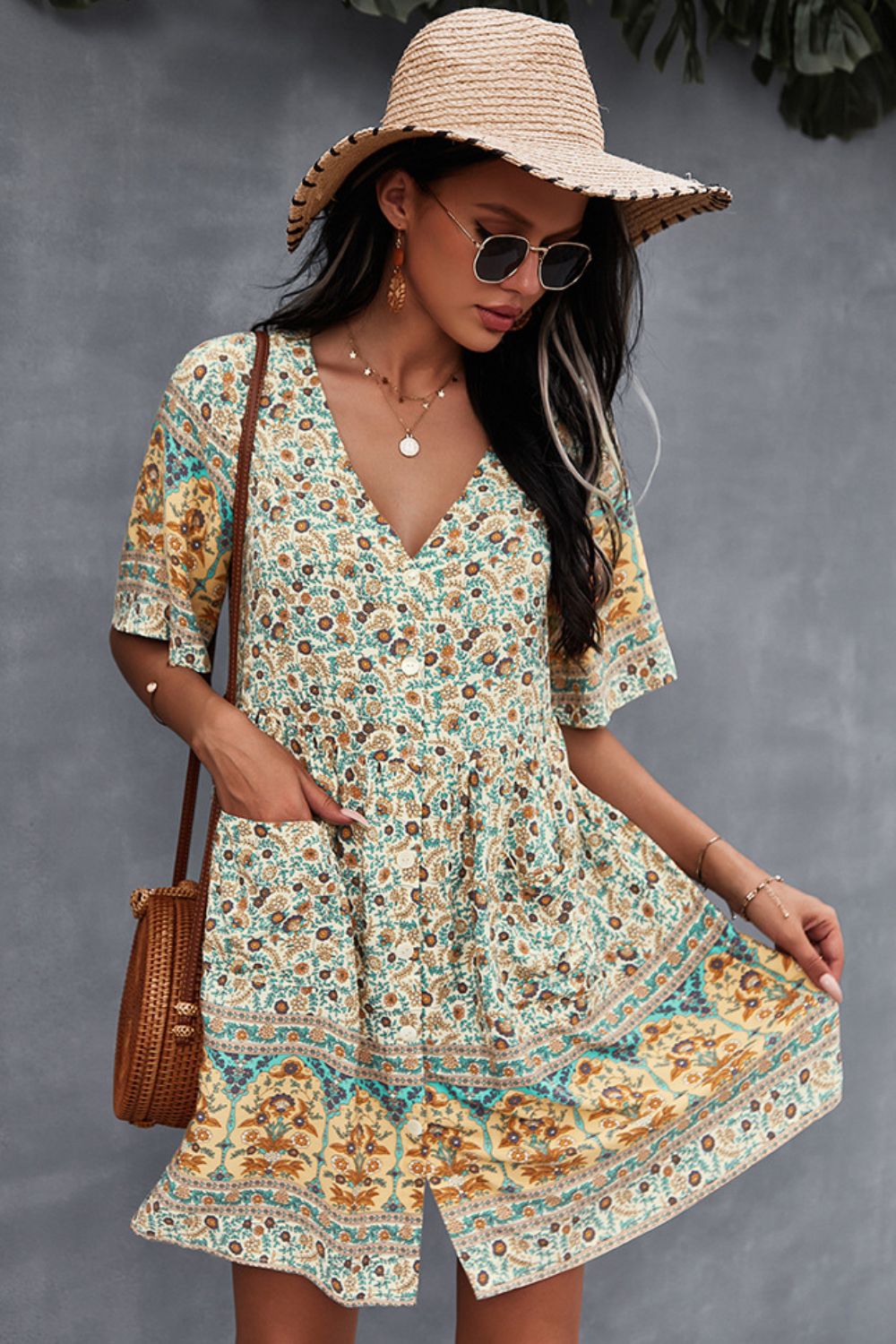 Bohemian V-Neck Half Sleeve Dress  Dresses- Doll Fits