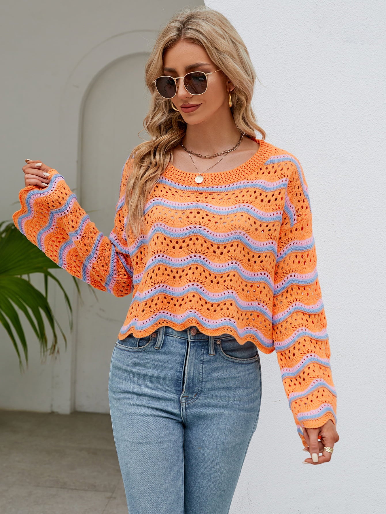 Round Neck Openwork Flare Sleeve Knit Top  - Doll Fits