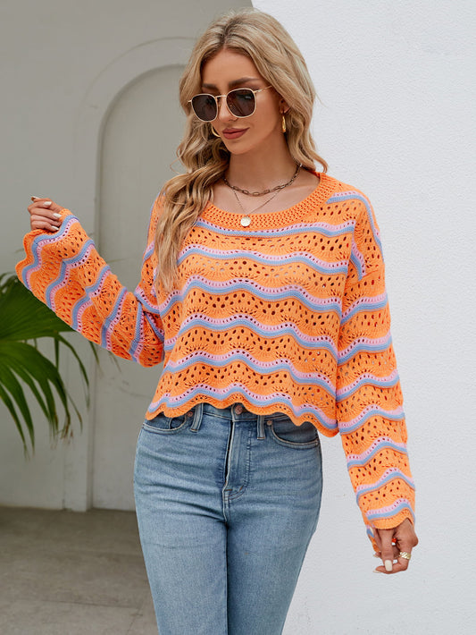 Round Neck Openwork Flare Sleeve Knit Top  - Doll Fits