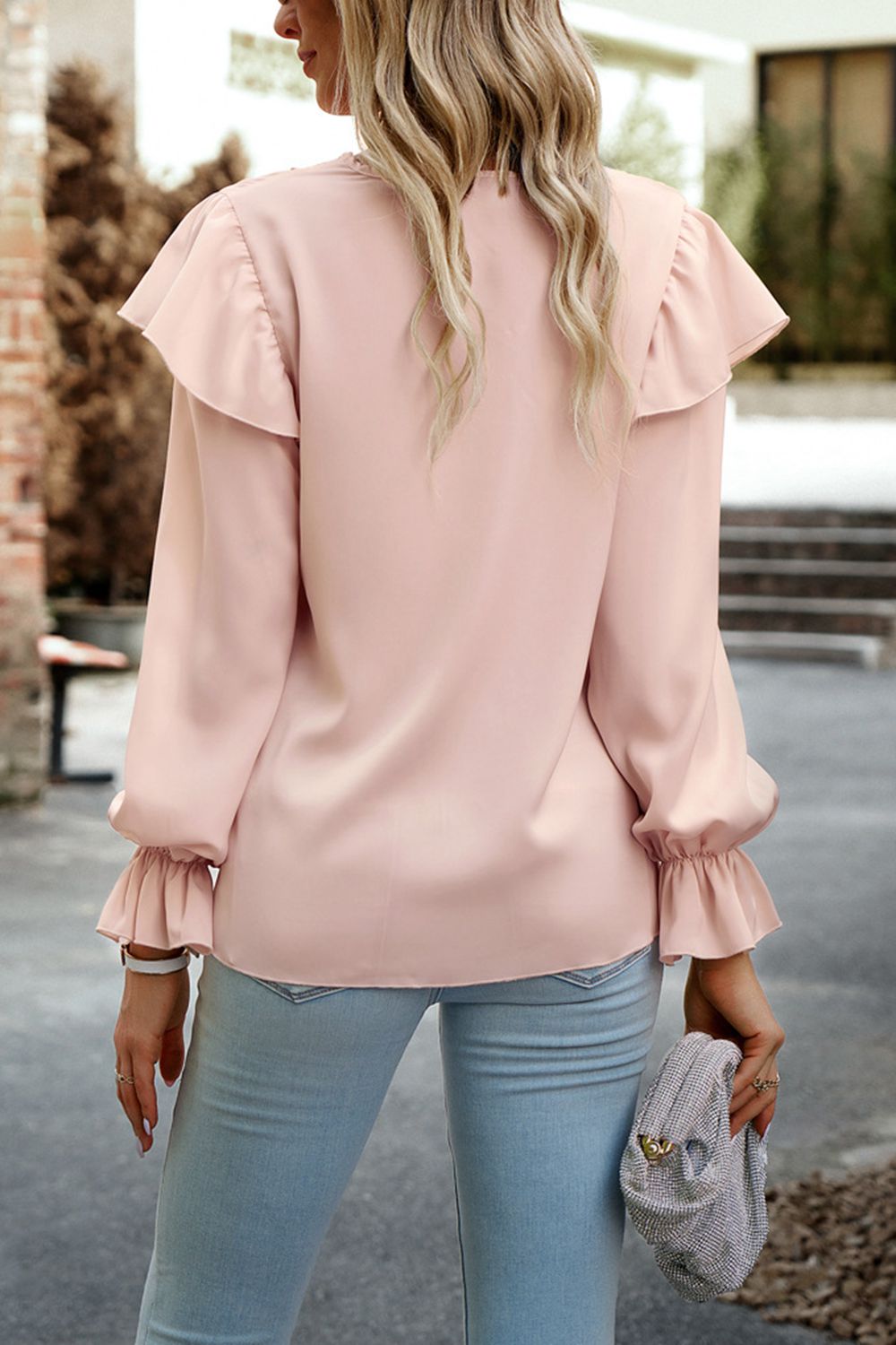 V-Neck Flounce Sleeve Ruffle Trim Blouse  - Doll Fits