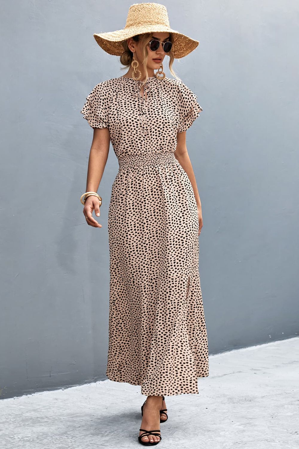 Printed Tie-Neck Flutter Sleeve Split Dress  Dresses- Doll Fits