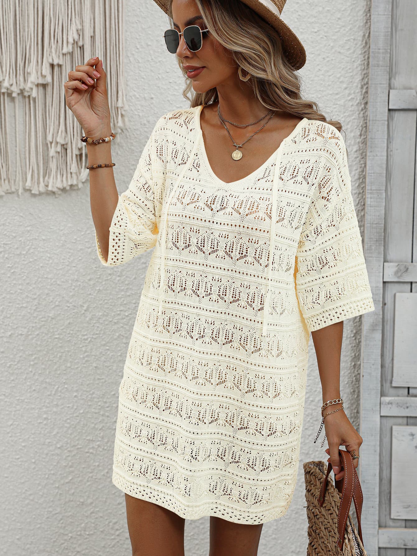 Openwork V-Neck Mini Knit Dress  Dresses- Doll Fits