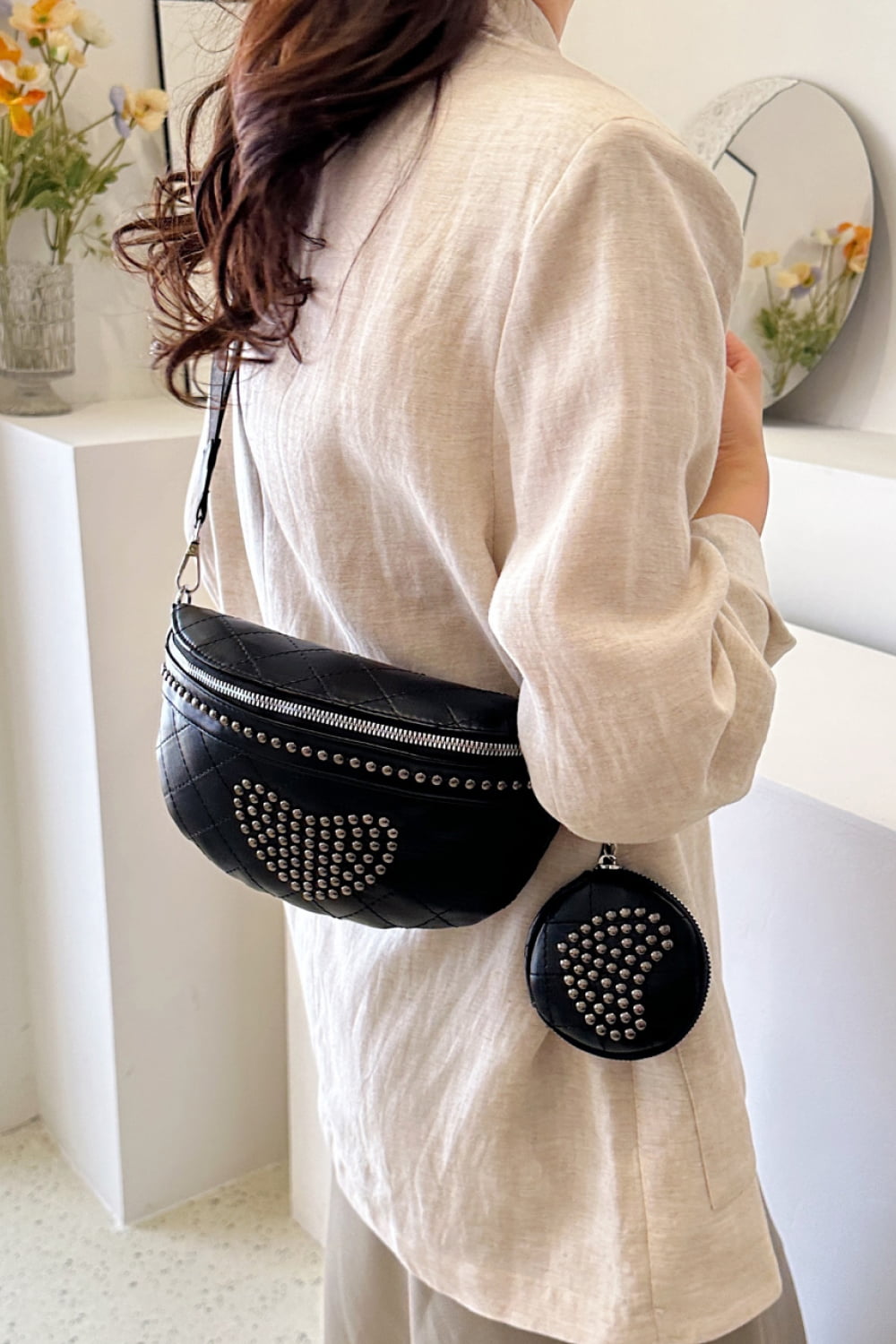 Studded PU Leather Sling Bag with Small Purse  - Doll Fits