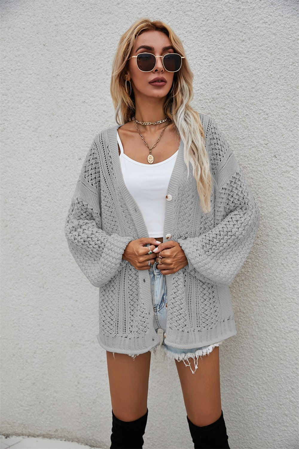 Openwork V-Neck Dropped Shoulder Cardigan  Coats & Jackets- Doll Fits