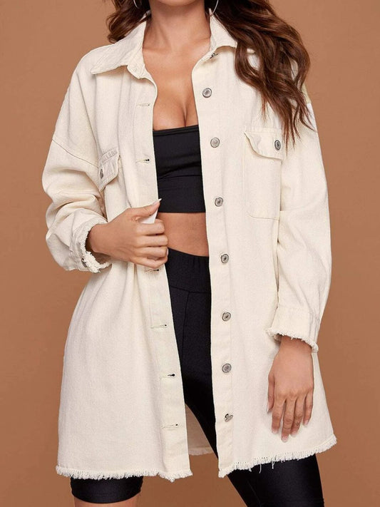 Collared Neck Button-Up Dropped Shoulder Denim Jacket  - Doll Fits