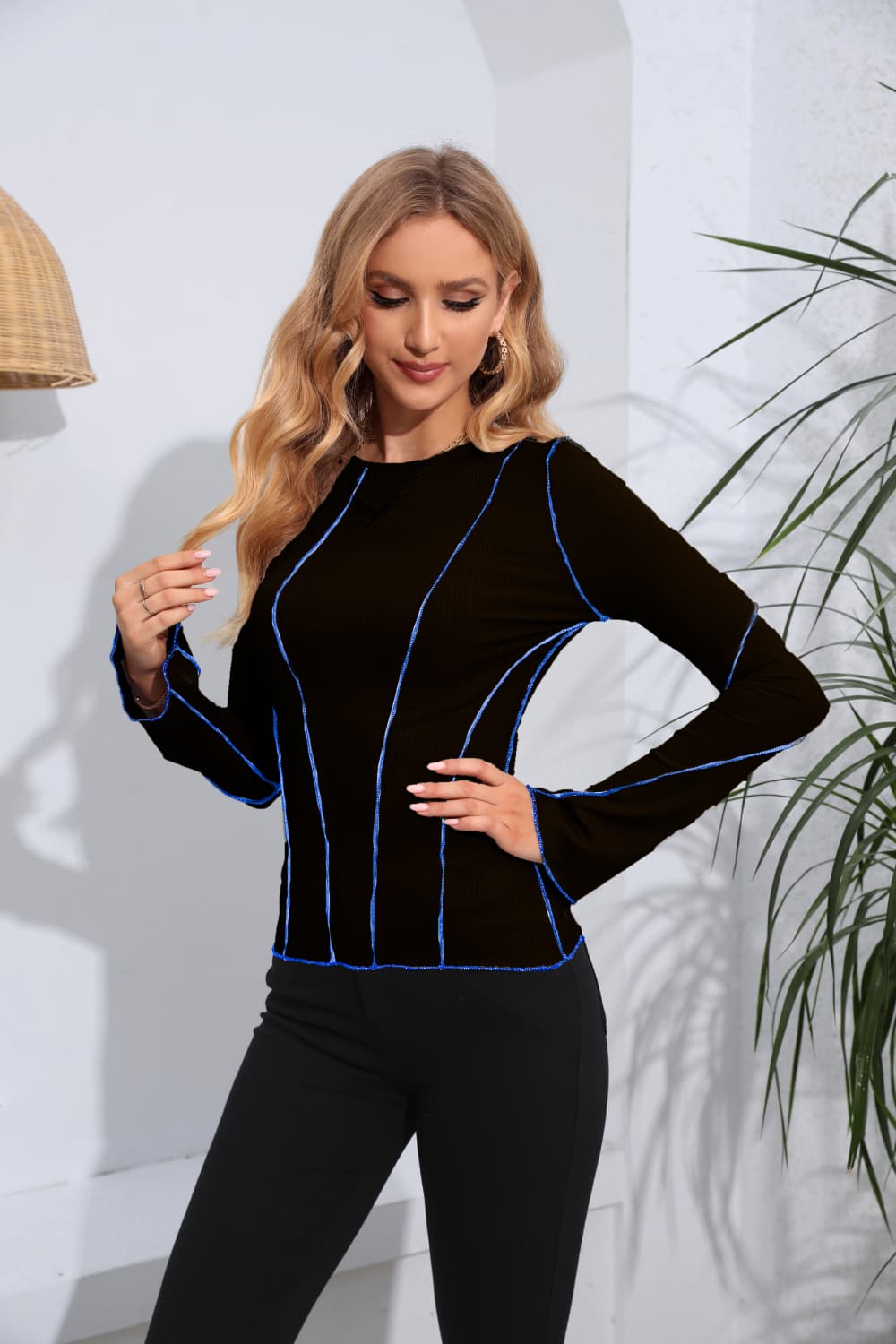 Ribbed Round Neck Long Sleeve Blouse  Shirts & Tops- Doll Fits