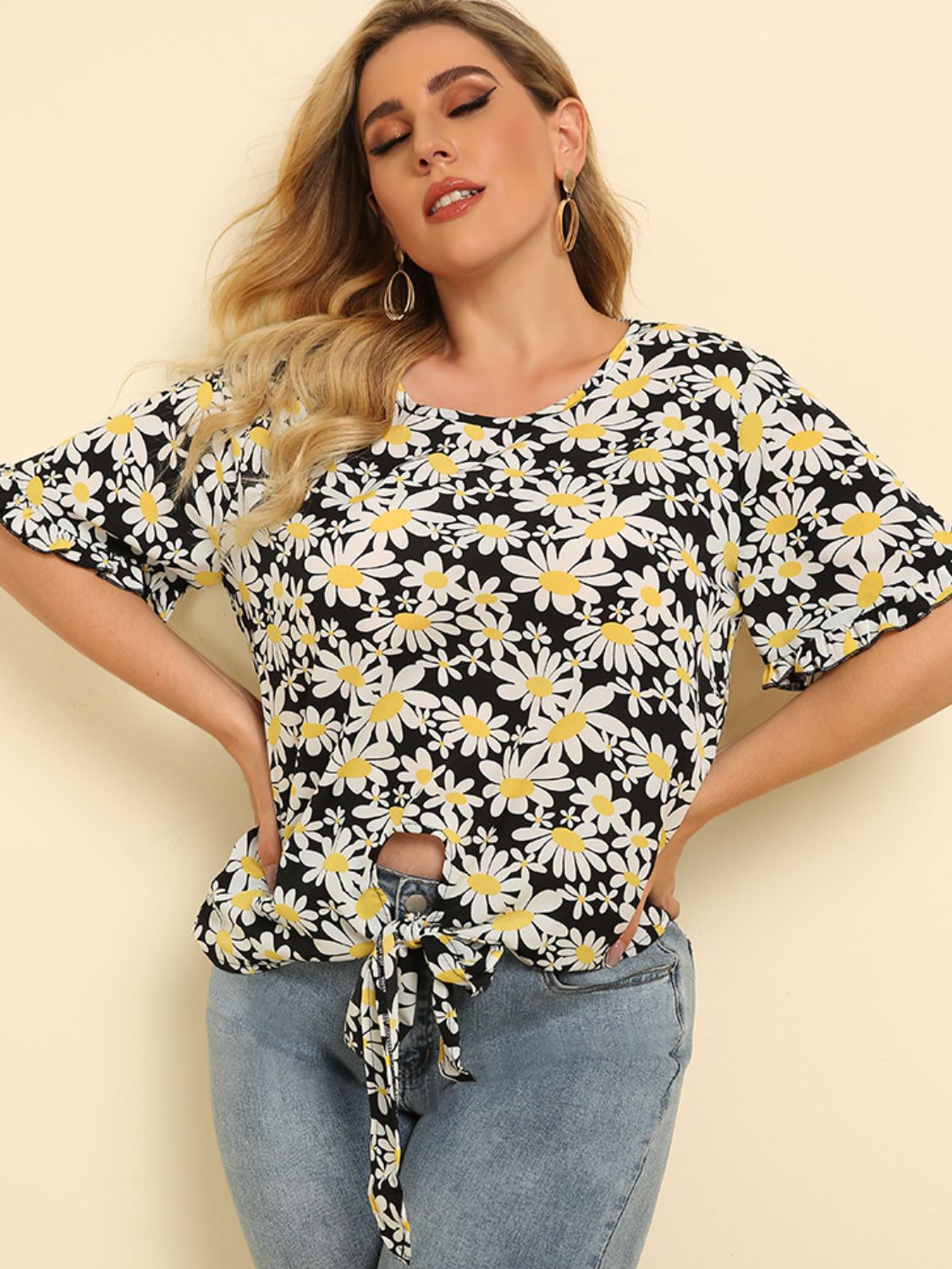 Plus Size Floral Round Neck Tie Hem Blouse  Shirts & Tops- Doll Fits