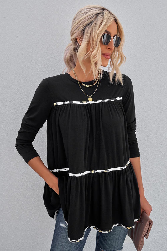 Leopard Print Stripe Babydoll Top  Shirts & Tops- Doll Fits