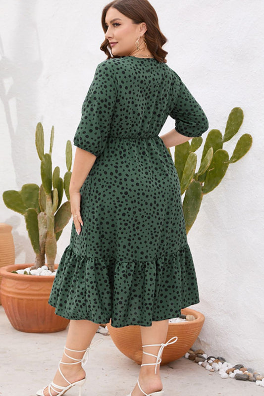 Plus Size Printed Surplice Ruffle Hem Dress  Dresses- Doll Fits
