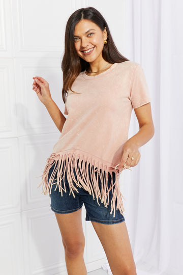 BiBi Empowering Expression Mineral Wash Fringe Hem Tee  Shirts & Tops- Doll Fits