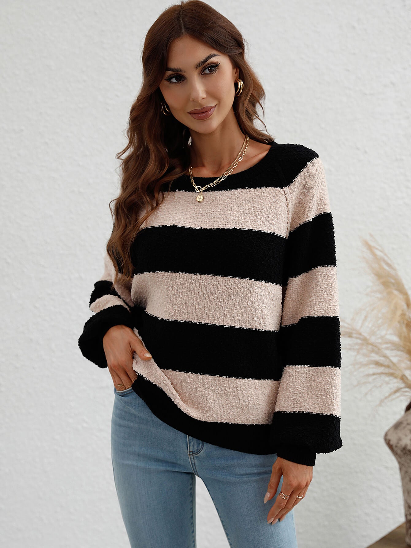Striped Raglan Sleeve Ribbed Trim Knit Top  Shirts & Tops- Doll Fits