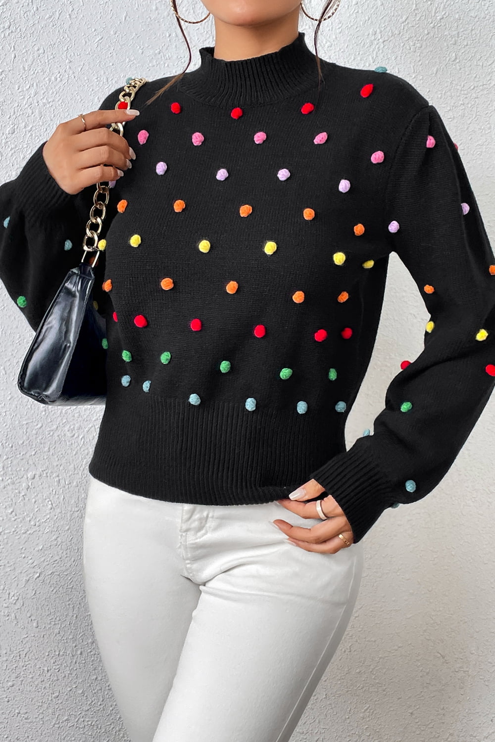 Pom-Pom Trim Mock Neck Long Sleeve Pullover Sweater  - Doll Fits