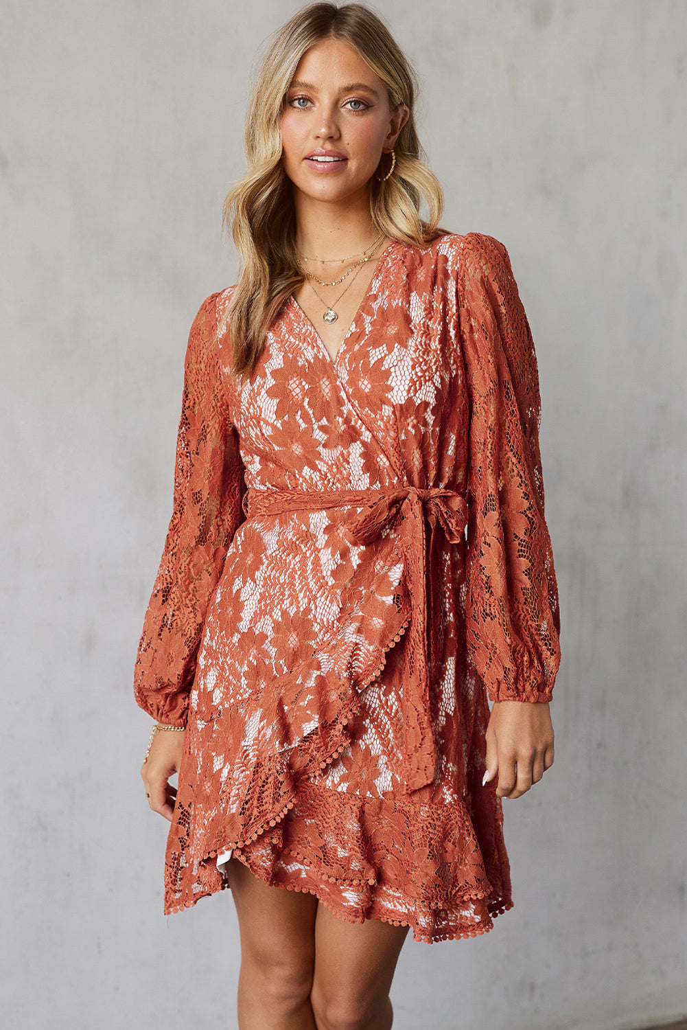 Pompom Trim Puff Sleeve Belted Lace Dress  Dresses- Doll Fits