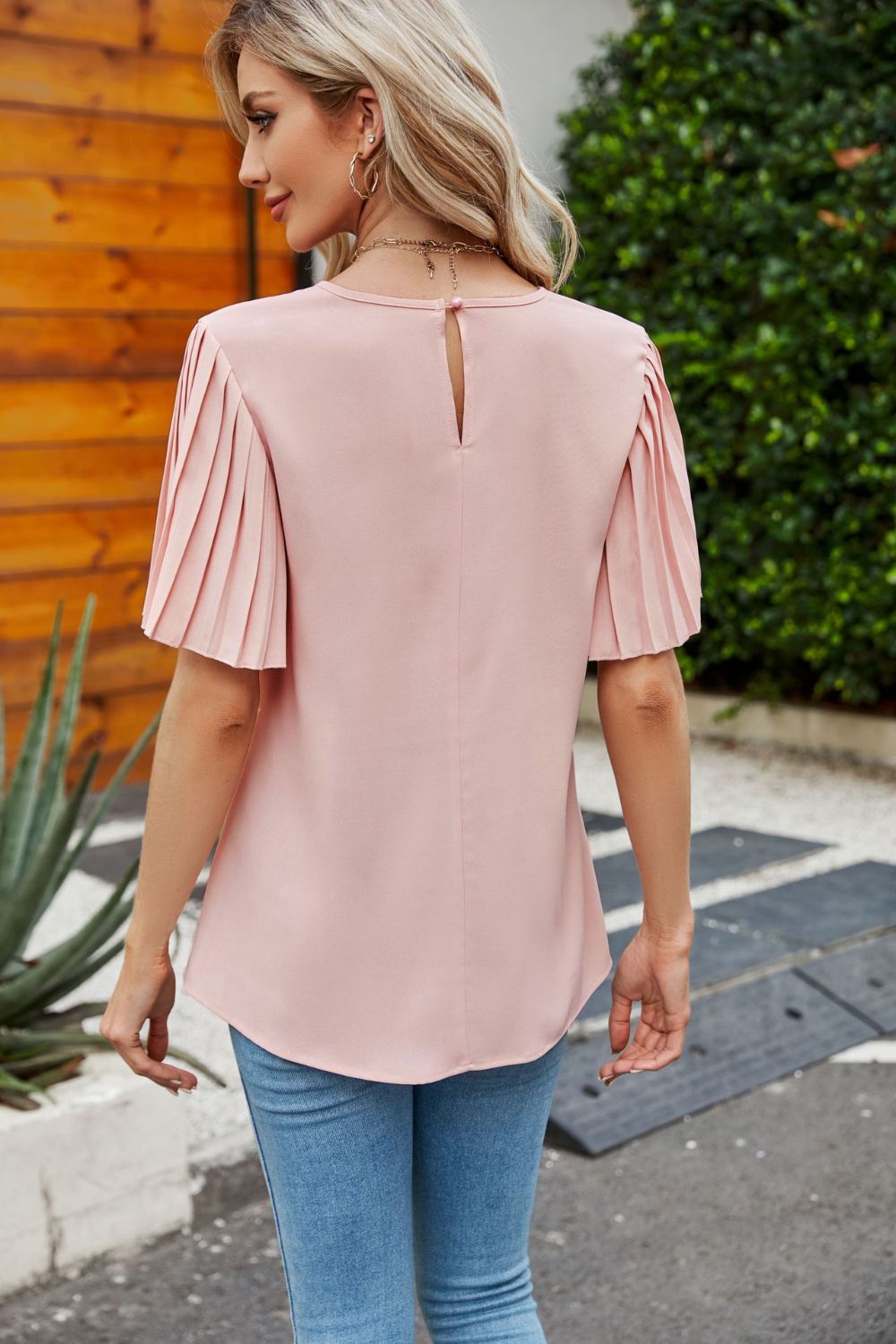 Pleated Flutter Sleeve Round Neck Blouse  Shirts & Tops- Doll Fits