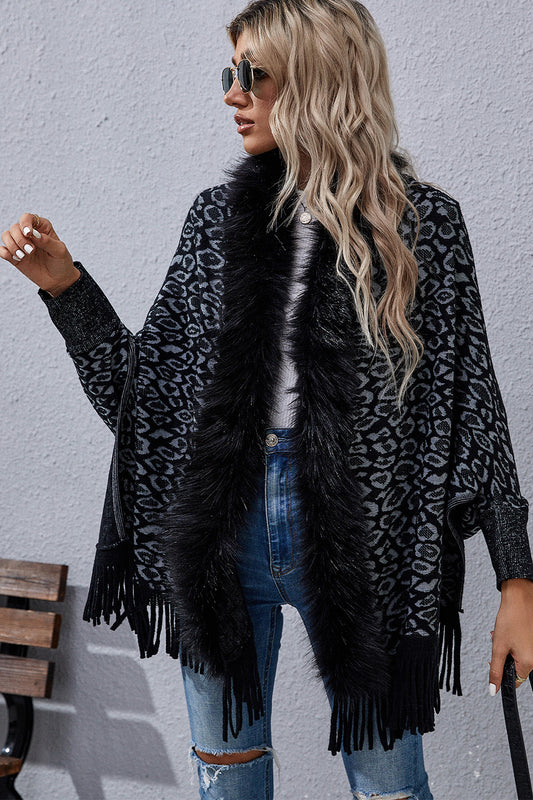 Leopard Fringe Detail Poncho  - Doll Fits