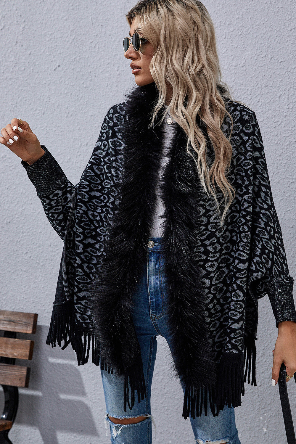 Leopard Fringe Detail Poncho  - Doll Fits