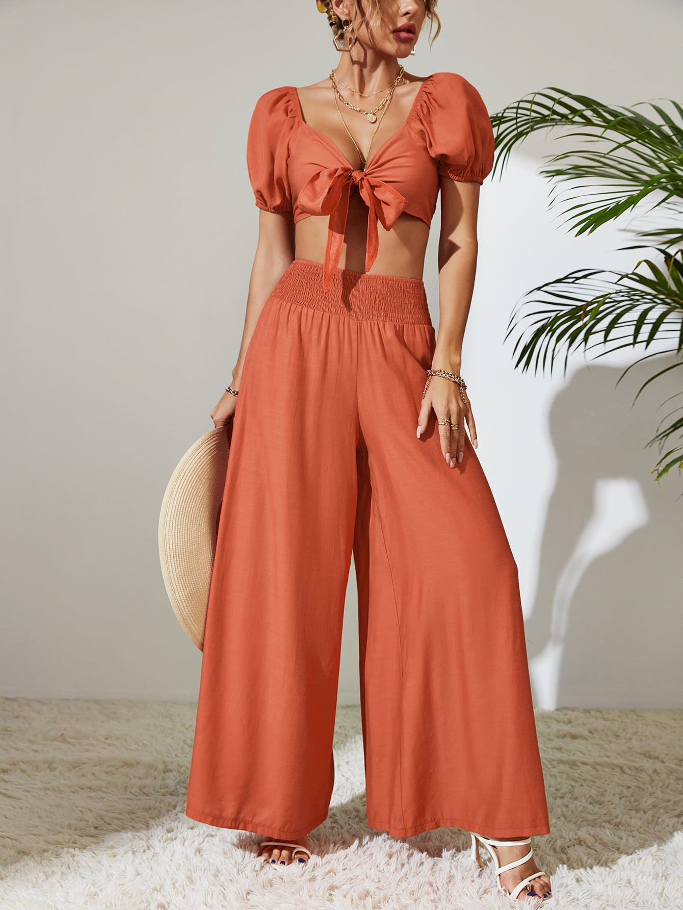 Tie Front Cropped Top and Smocked Wide Leg Pants Set  Outfit Sets- Doll Fits