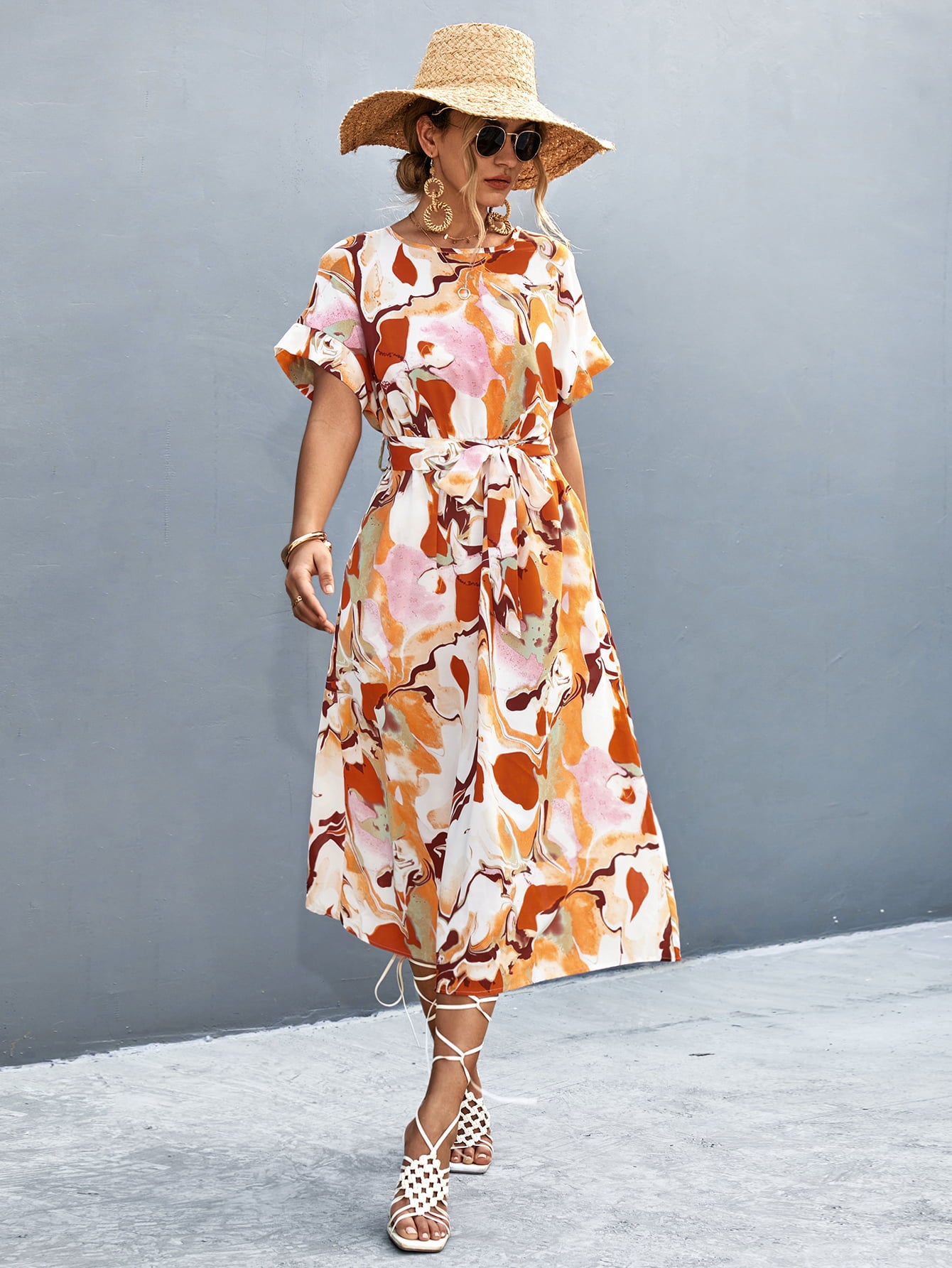 Round Neck Short Sleeve Tie Waist Midi Dress  Dresses- Doll Fits