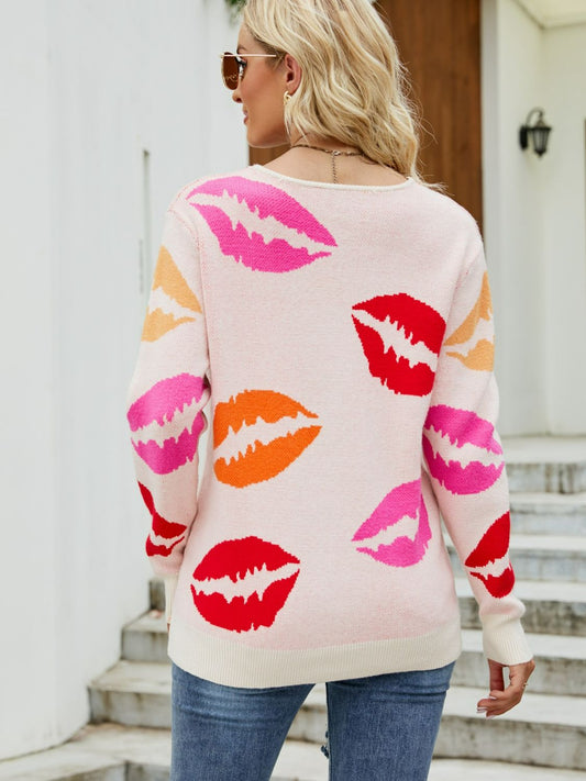 Lip Print V-Neck Knit Top  Shirts & Tops- Doll Fits