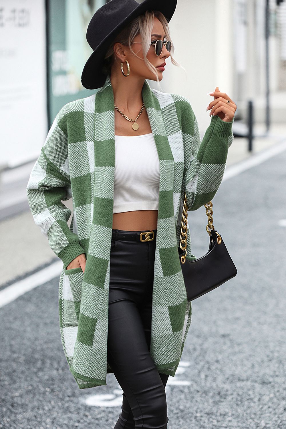 Plaid Dropped Shoulder Cardigan with Pocket  - Doll Fits