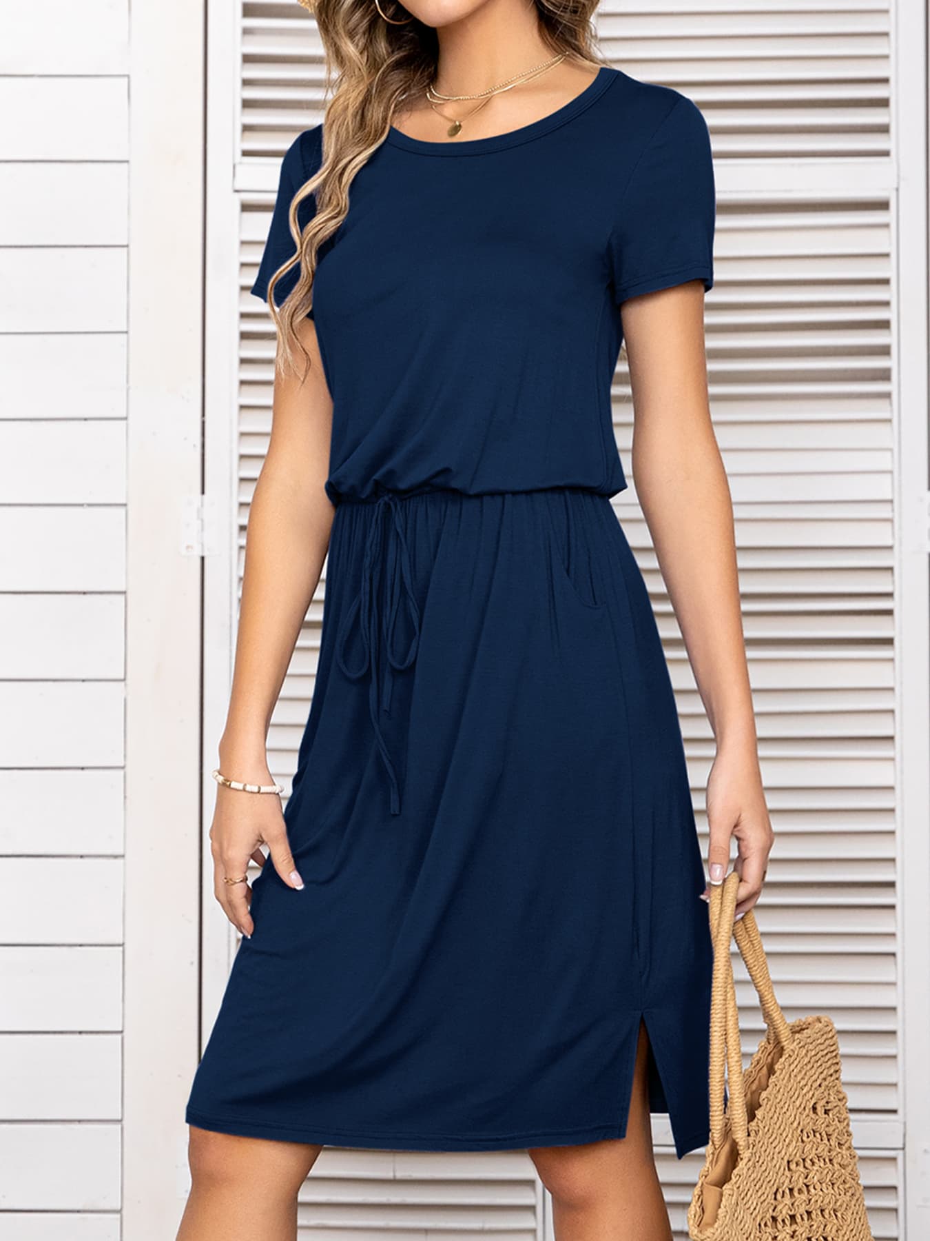 Round Neck Short Sleeve Slit Dress with Pockets  Dresses- Doll Fits