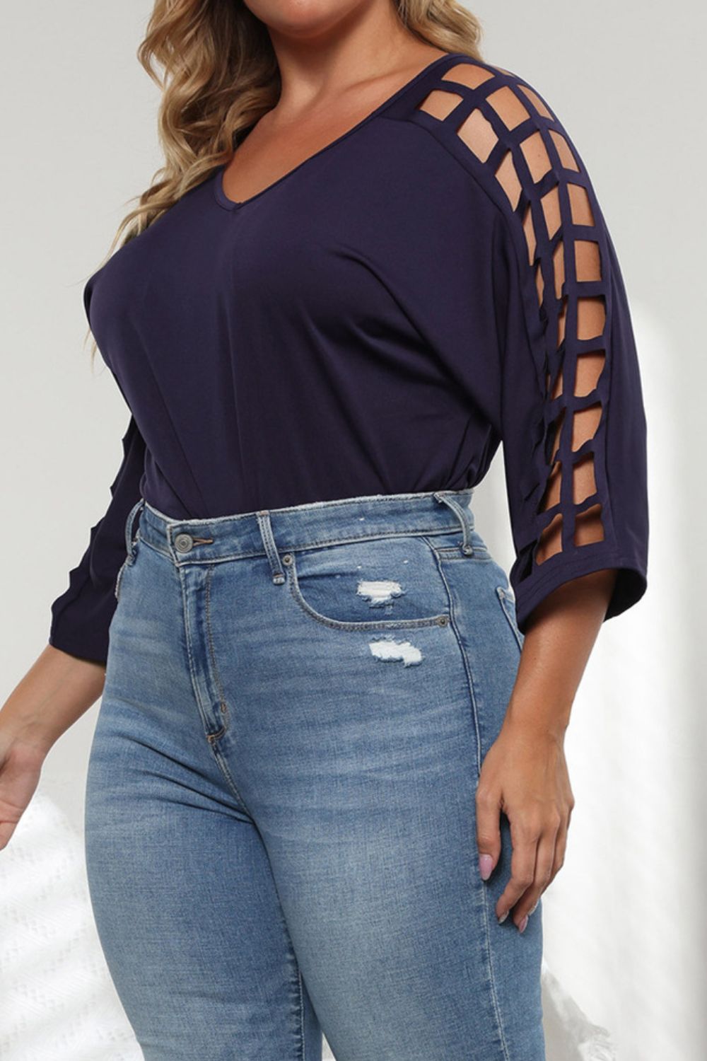 Plus Size Cutout Three-Quarter Sleeve Blouse  Shirts & Tops- Doll Fits