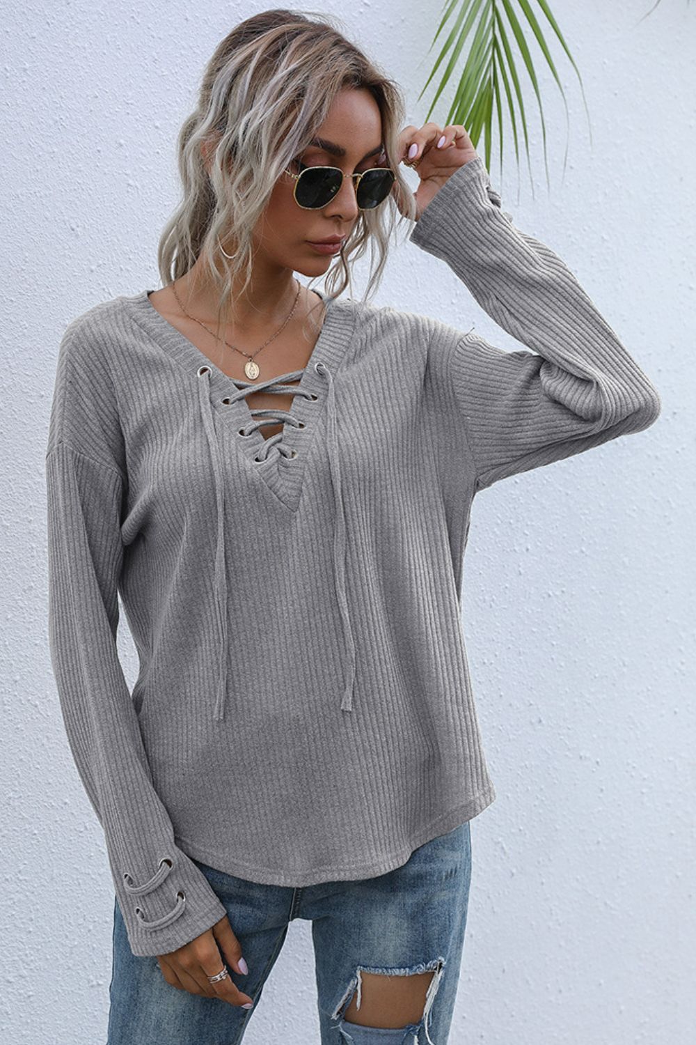 Lace-Up V-Neck Ribbed Top  Shirts & Tops- Doll Fits