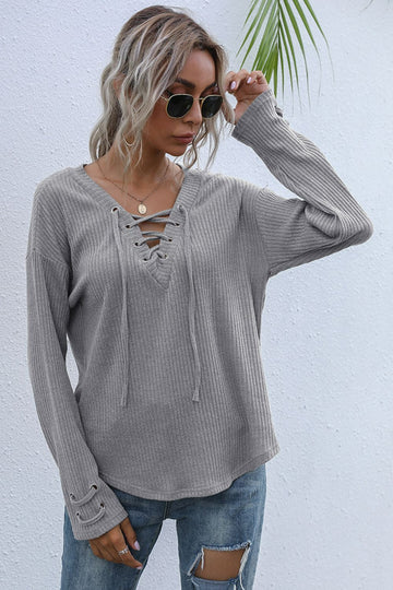 Lace-Up V-Neck Ribbed Top  Shirts & Tops- Doll Fits