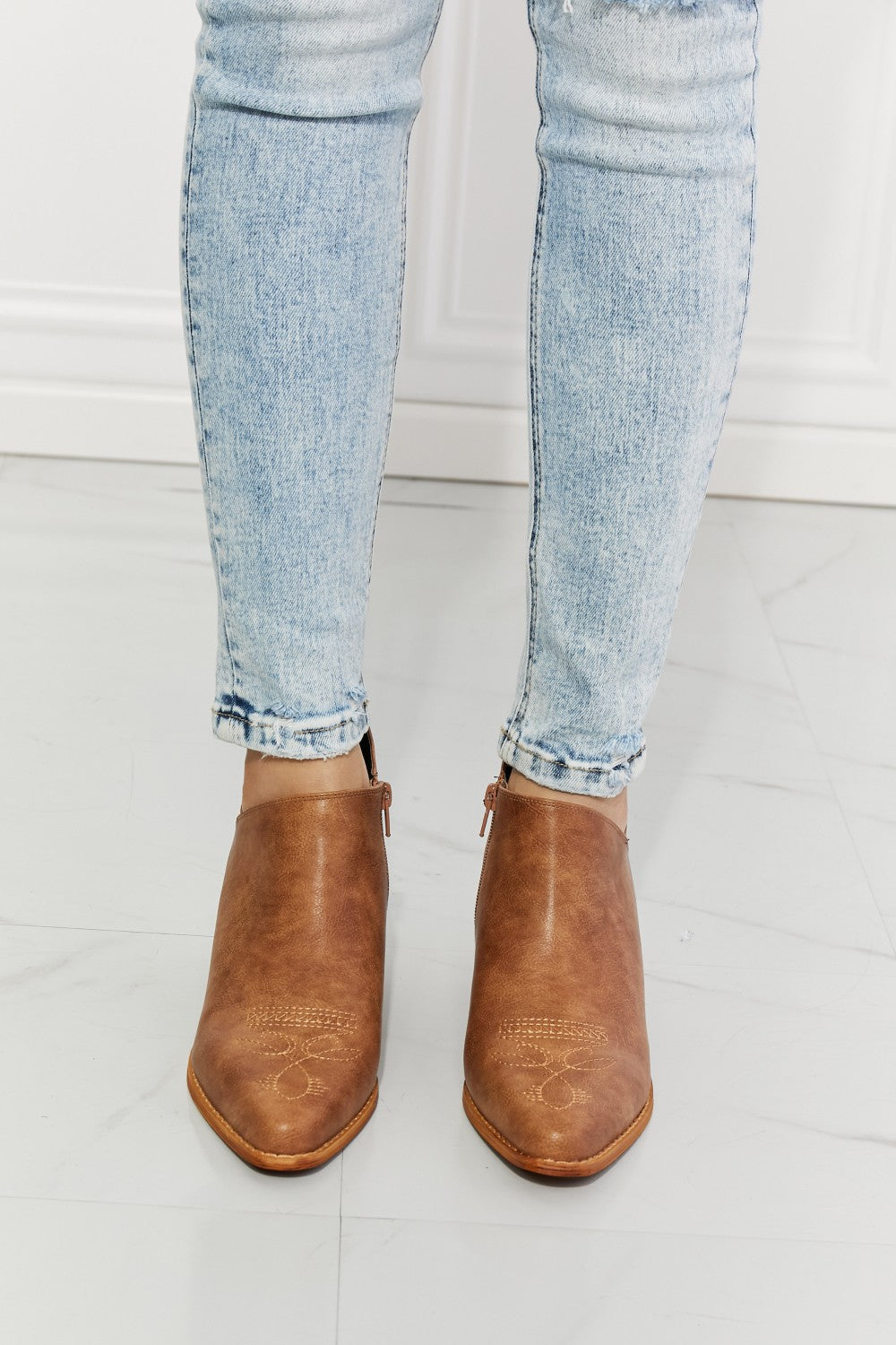 MMShoes Trust Yourself Embroidered Crossover Cowboy Bootie in Caramel  Shoes- Doll Fits