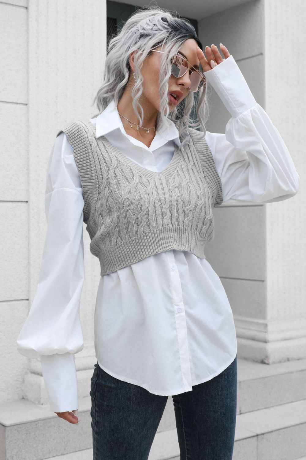 Cable-Knit Deep V Cropped Knit Vest  - Doll Fits