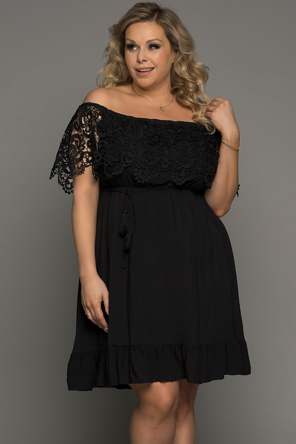Plus Size Tassel Tie Spliced Lace Off-Shoulder Dress  Dresses- Doll Fits