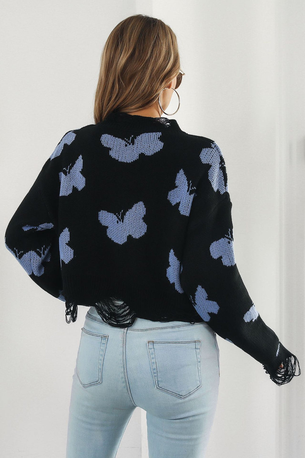 Printed Round Neck Ribbed Long Sleeve Sweater  - Doll Fits